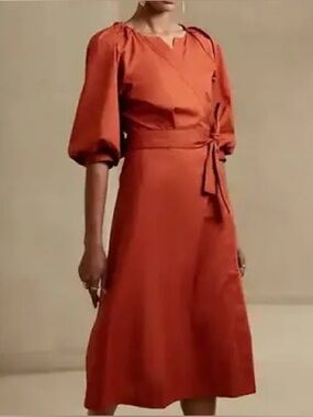 Banana Republic Rust Midi Dress with Puff Sleeves, Size S